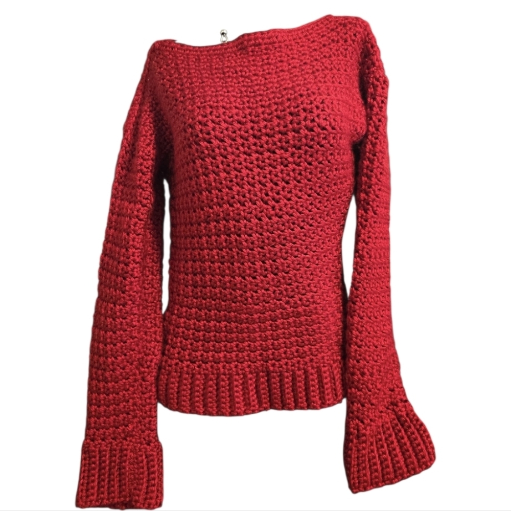 Red HandKnit Sweater, Square Stitch, Valentines Day.